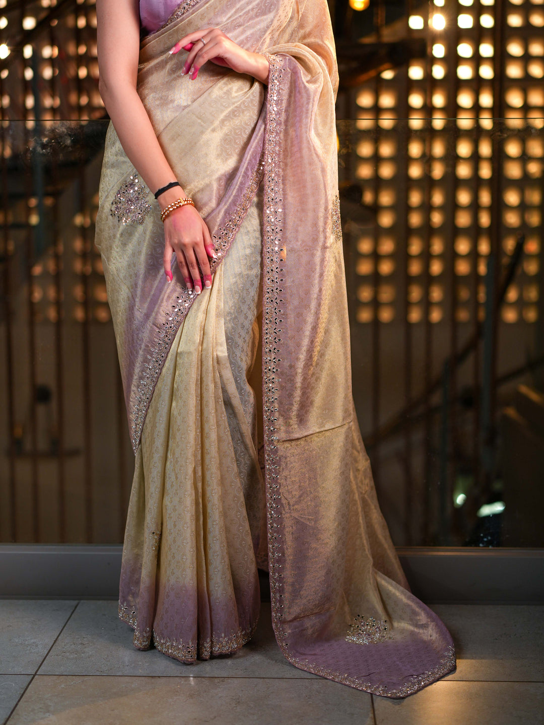 Pastel Beige & Lilac Tissue Silk Saree with Hand Embellished Mirror Work Blouse Included