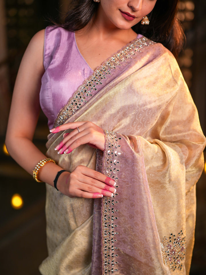 Pastel Beige & Lilac Tissue Silk Saree with Hand Embellished Mirror Work Blouse Included