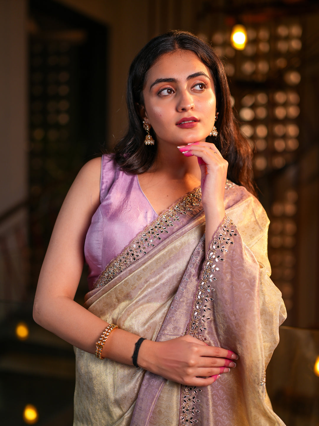 Pastel Beige & Lilac Tissue Silk Saree with Hand Embellished Mirror Work Blouse Included