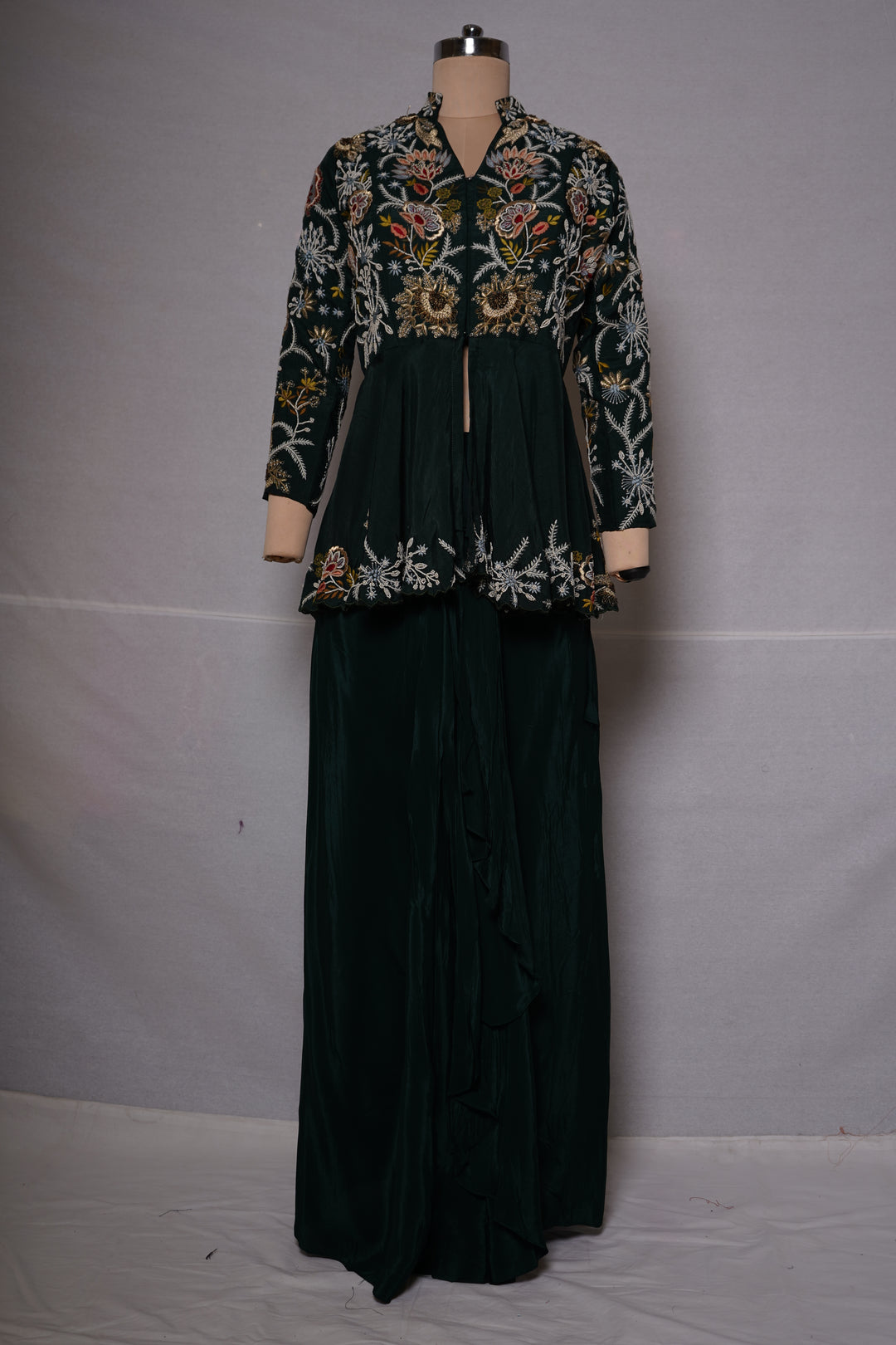 Emerald Green Embroidered Indo-Western Co-Ord Set with Peplum Jacket