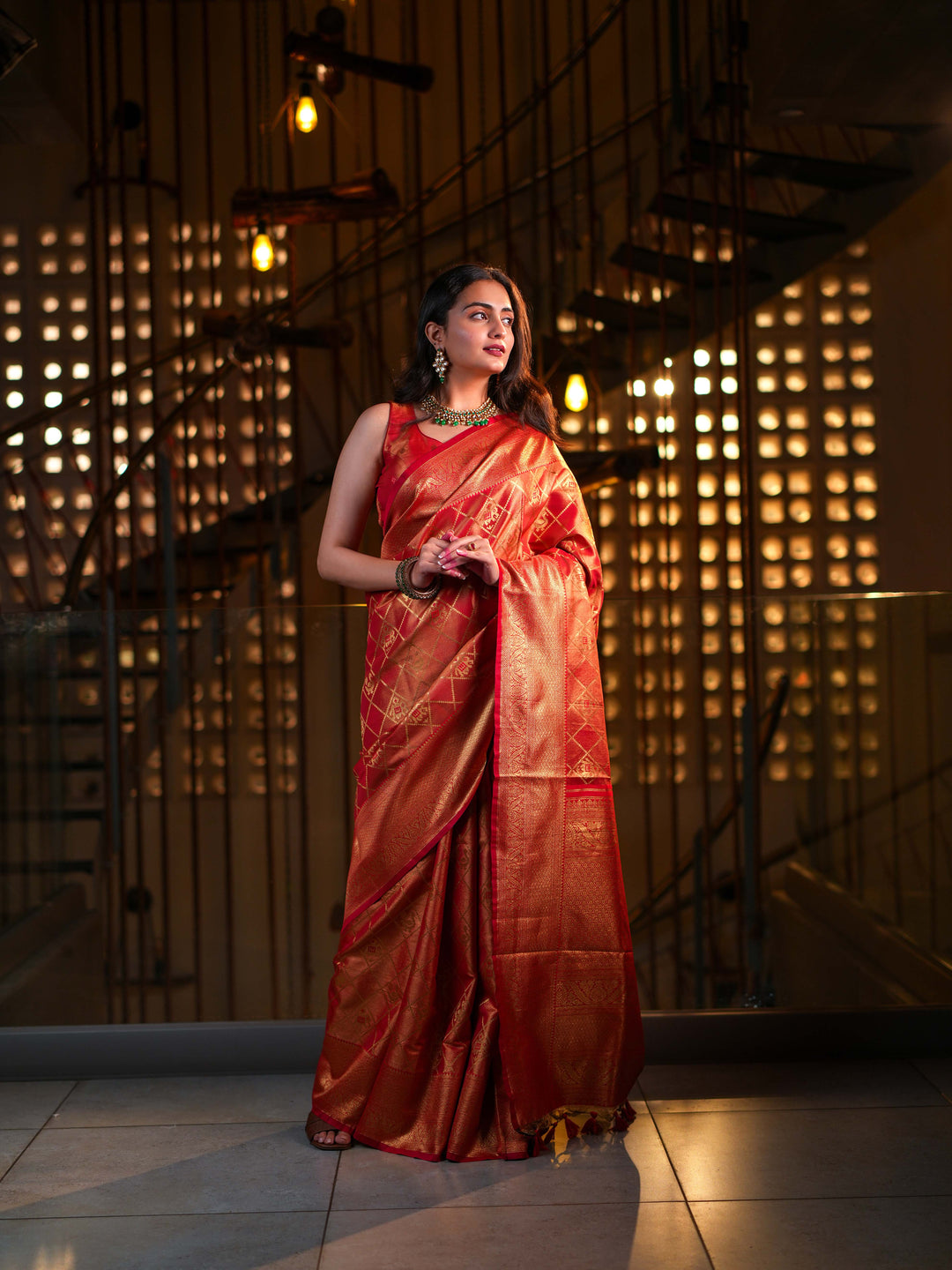 Radiant Red-Orange Kanjivaram Silk Saree  Gold Zari with Unstitched Blouse