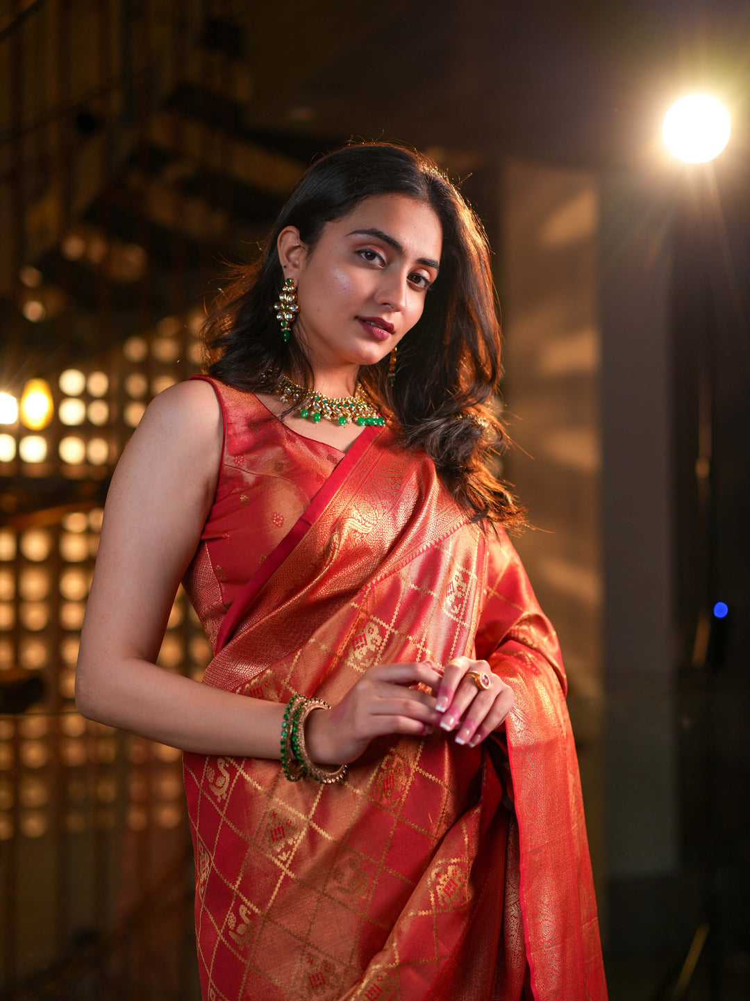 Radiant Red-Orange Kanjivaram Silk Saree  Gold Zari with Unstitched Blouse