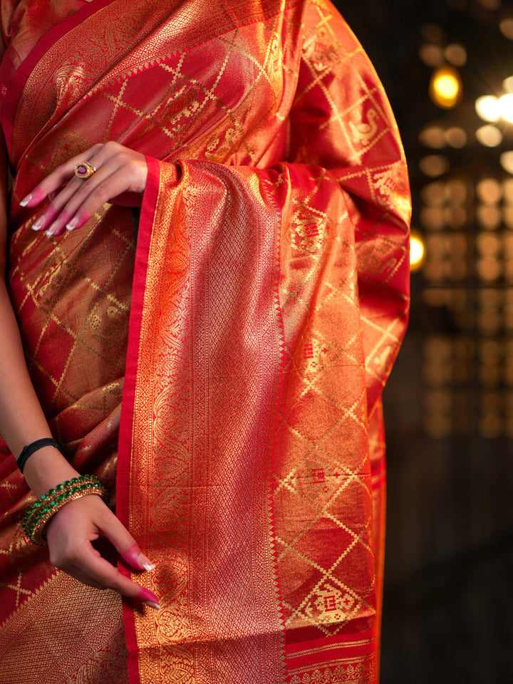 Radiant Red-Orange Kanjivaram Silk Saree  Gold Zari with Unstitched Blouse