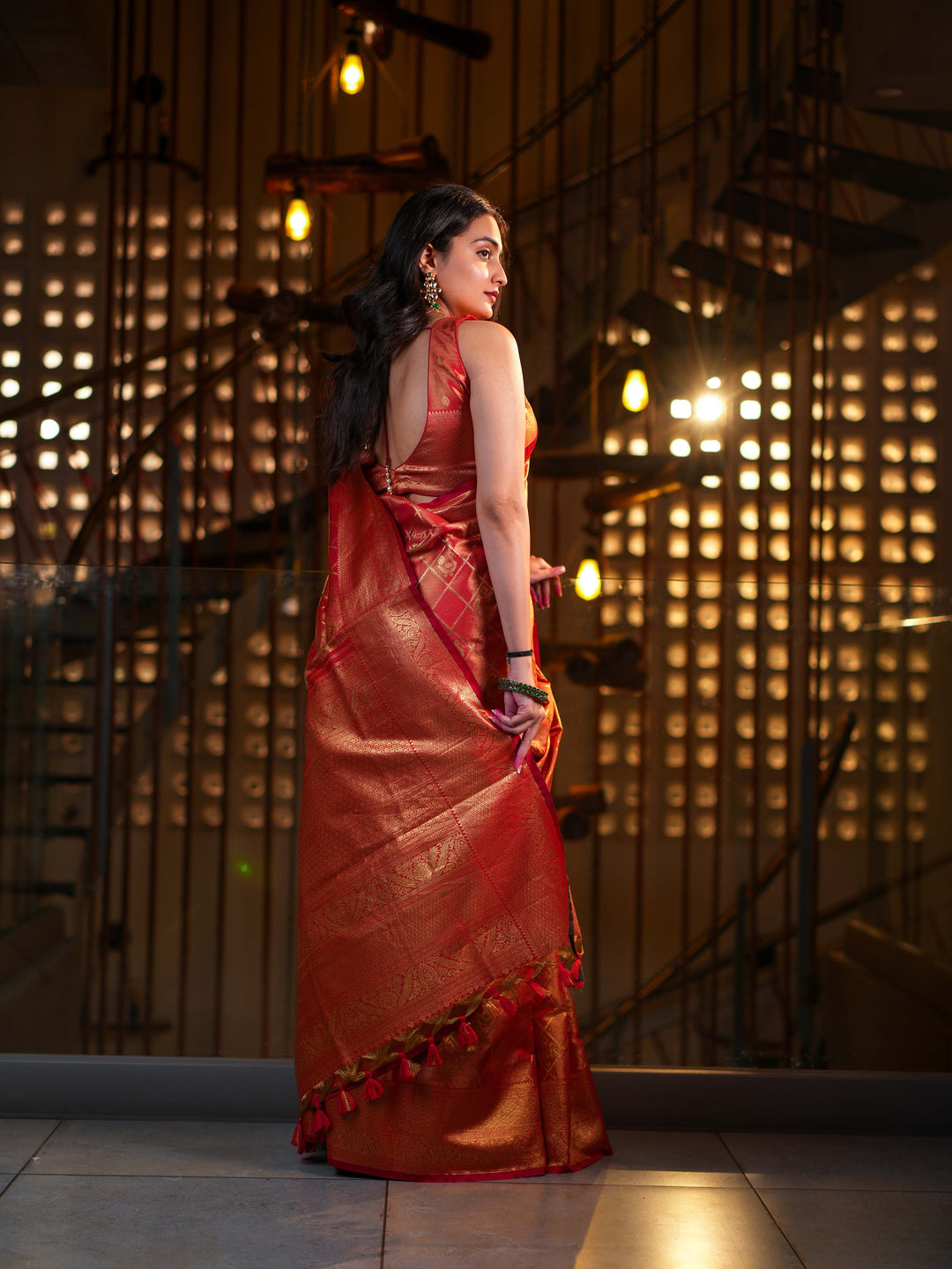 Radiant Red-Orange Kanjivaram Silk Saree  Gold Zari with Unstitched Blouse