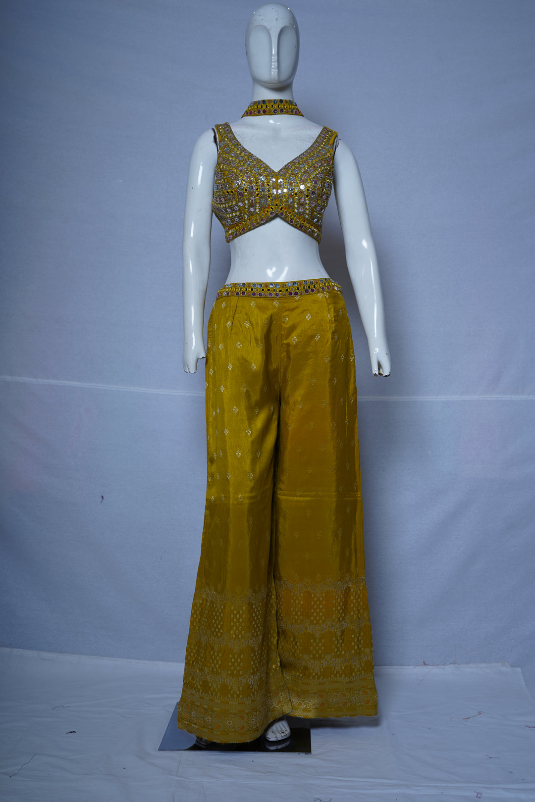 Mustard Yellow Mirror Work Indo-Western Co-Ord Set with Wide-Leg Palazzo Pants