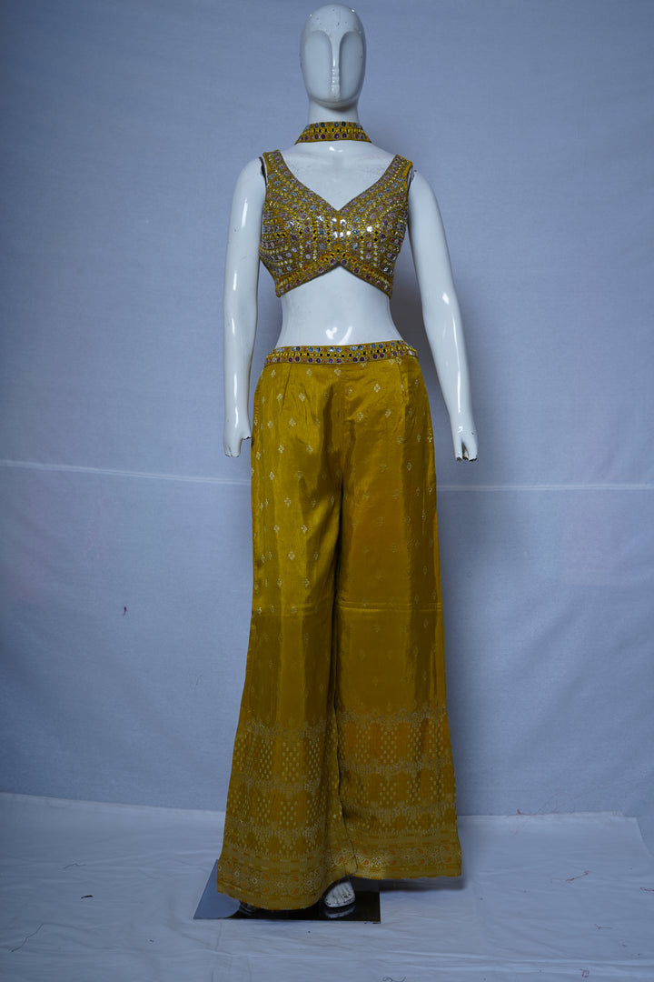 Mustard Yellow Mirror Work Indo-Western Co-Ord Set with Wide-Leg Palazzo Pants