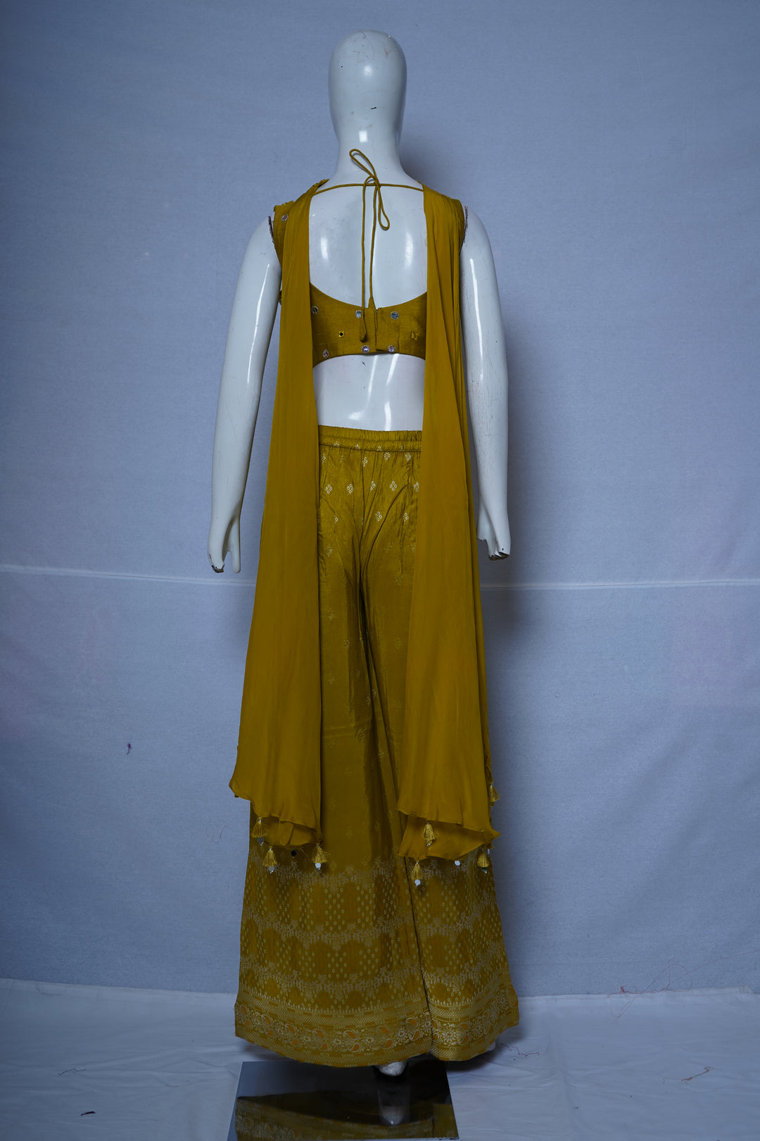 Mustard Yellow Mirror Work Indo-Western Co-Ord Set with Wide-Leg Palazzo Pants