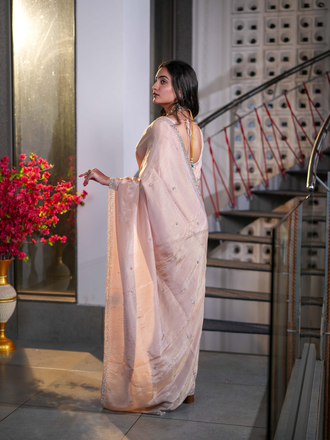 Dusty Pink Tissue Crepe Silk Saree with Delicate Embellishments Unstitched Blouse