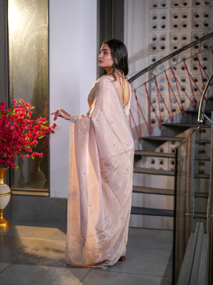 Dusty Pink Tissue Crepe Silk Saree with Delicate Embellishments Unstitched Blouse