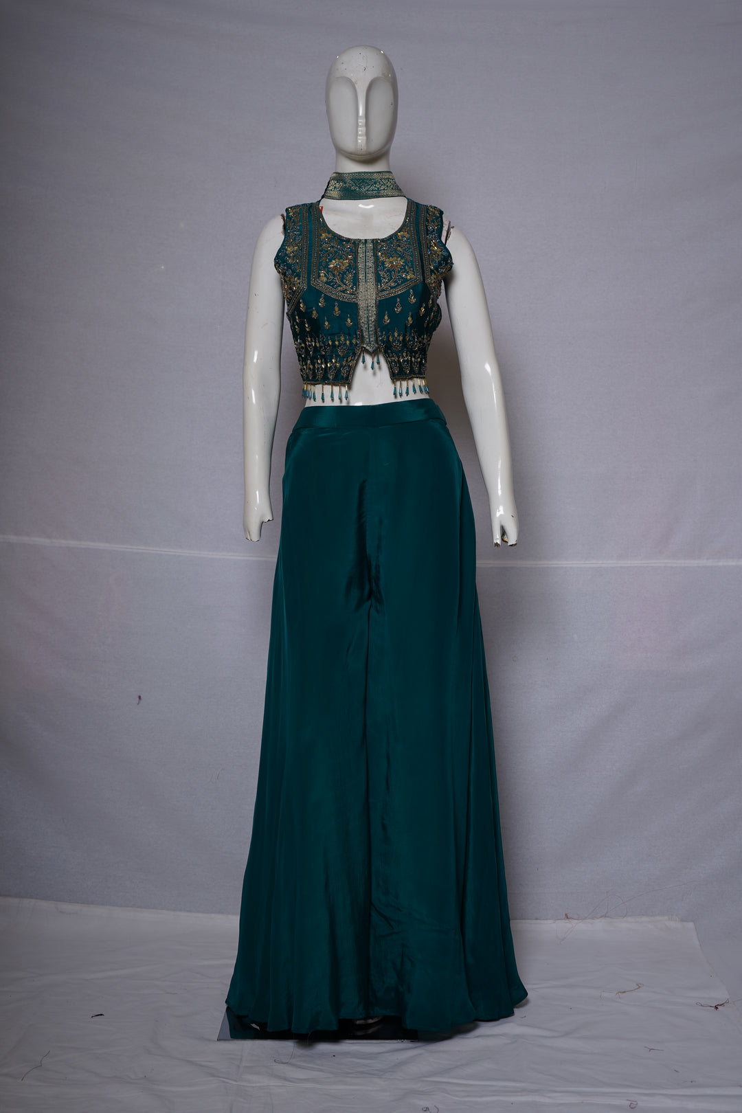 Teal Green Embroidered Indo-Western Co-Ord Set with Palazzo Pants
