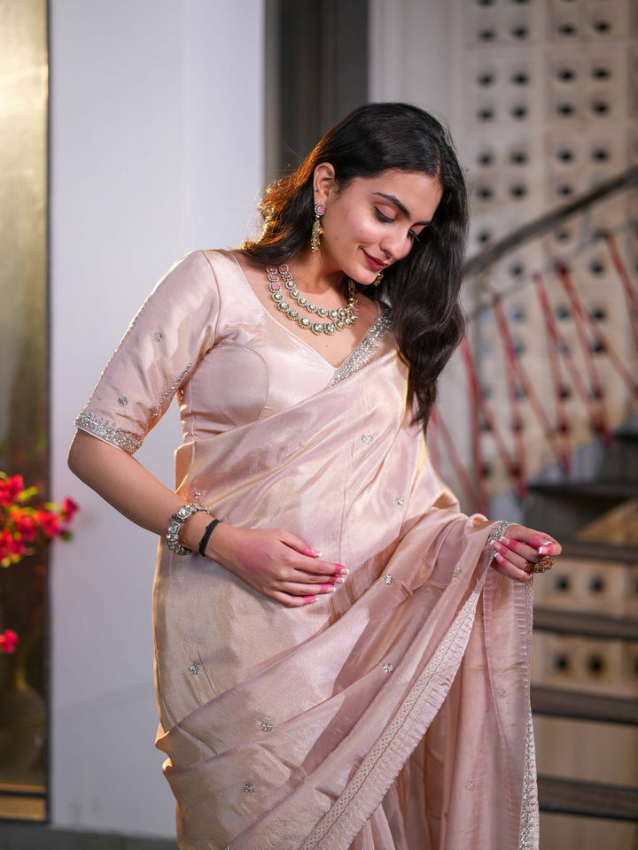 Dusty Pink Tissue Crepe Silk Saree with Delicate Embellishments Unstitched Blouse