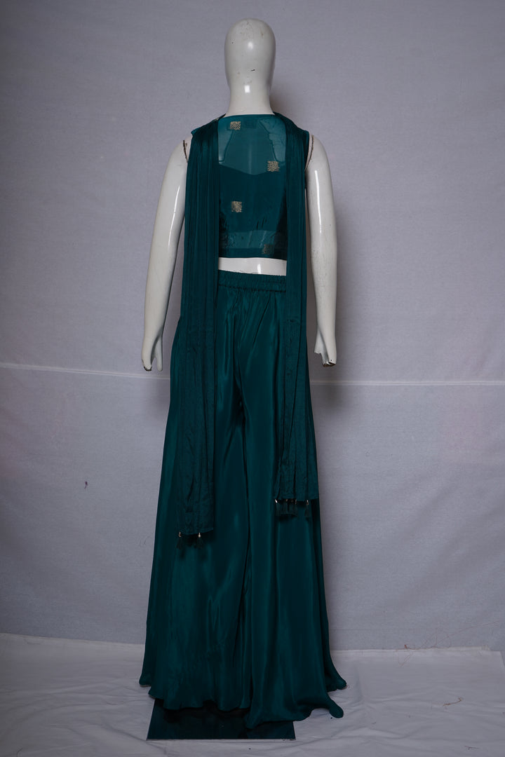 Teal Green Embroidered Indo-Western Co-Ord Set with Palazzo Pants