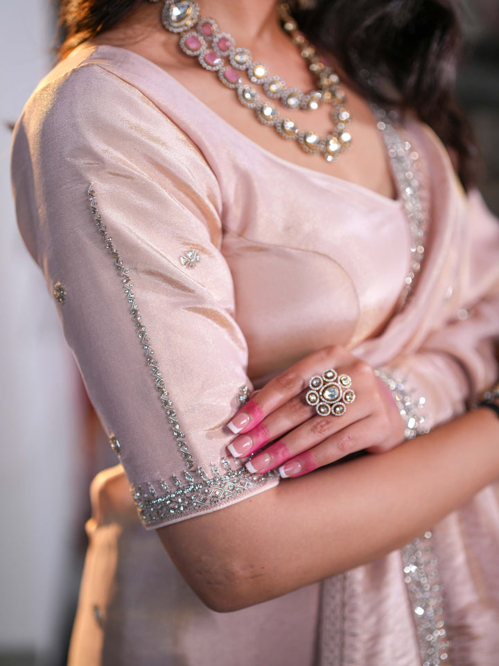 Dusty Pink Tissue Crepe Silk Saree with Delicate Embellishments Unstitched Blouse
