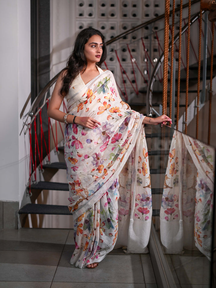 Elegant White Linen Saree with Vibrant Floral Watercolor Print Unstitched Blouse