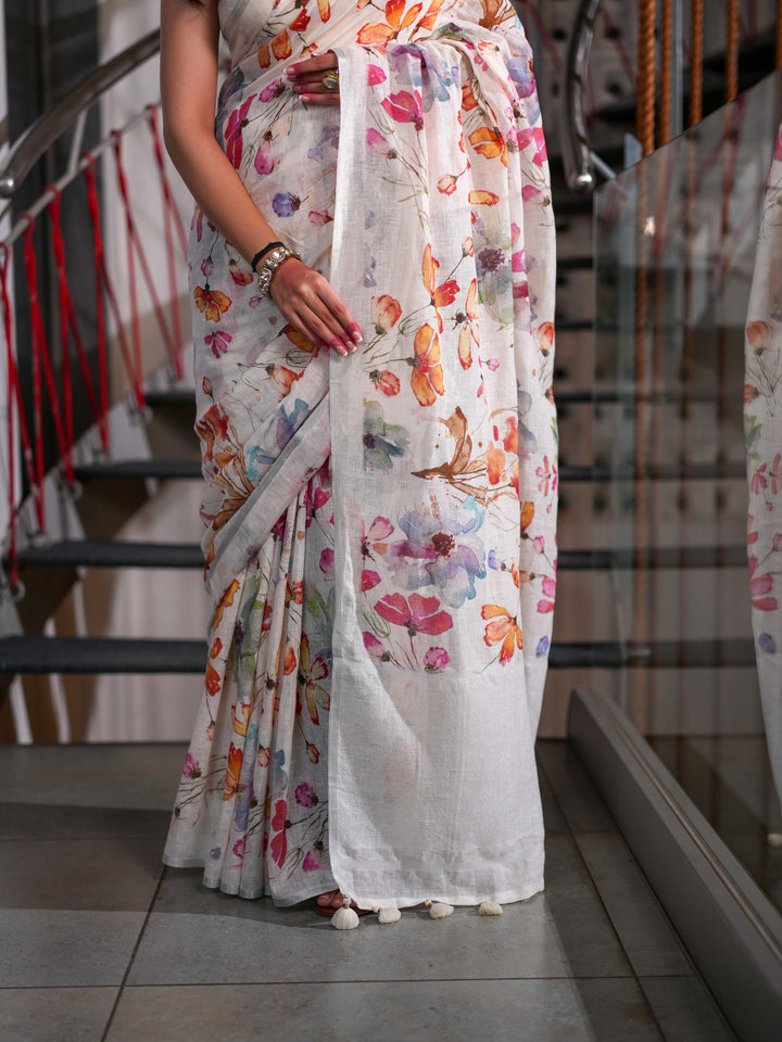 Elegant White Linen Saree with Vibrant Floral Watercolor Print Unstitched Blouse