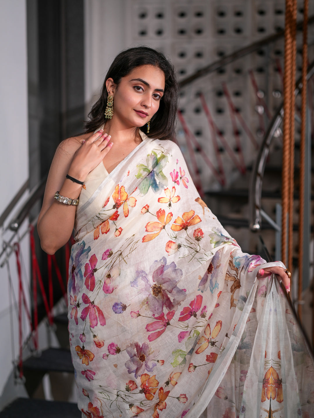 Elegant White Linen Saree with Vibrant Floral Watercolor Print Unstitched Blouse
