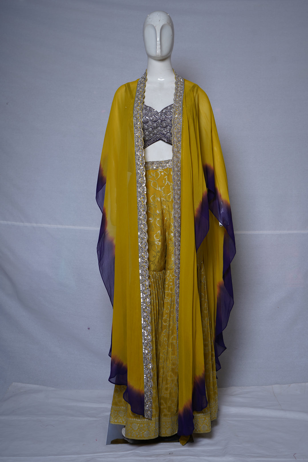 Mustard Yellow Indo-Western Sharara Set with Embroidered Cape Dupatta
