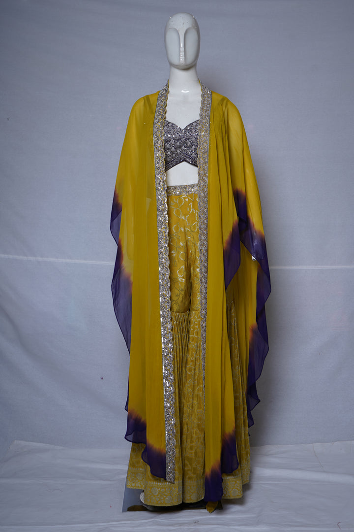 Mustard Yellow Indo-Western Sharara Set with Embroidered Cape Dupatta