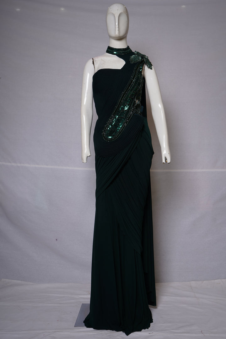 Emerald Green Ready-to-Wear Saree with Sequined Embellishments & Designer Neck Detail