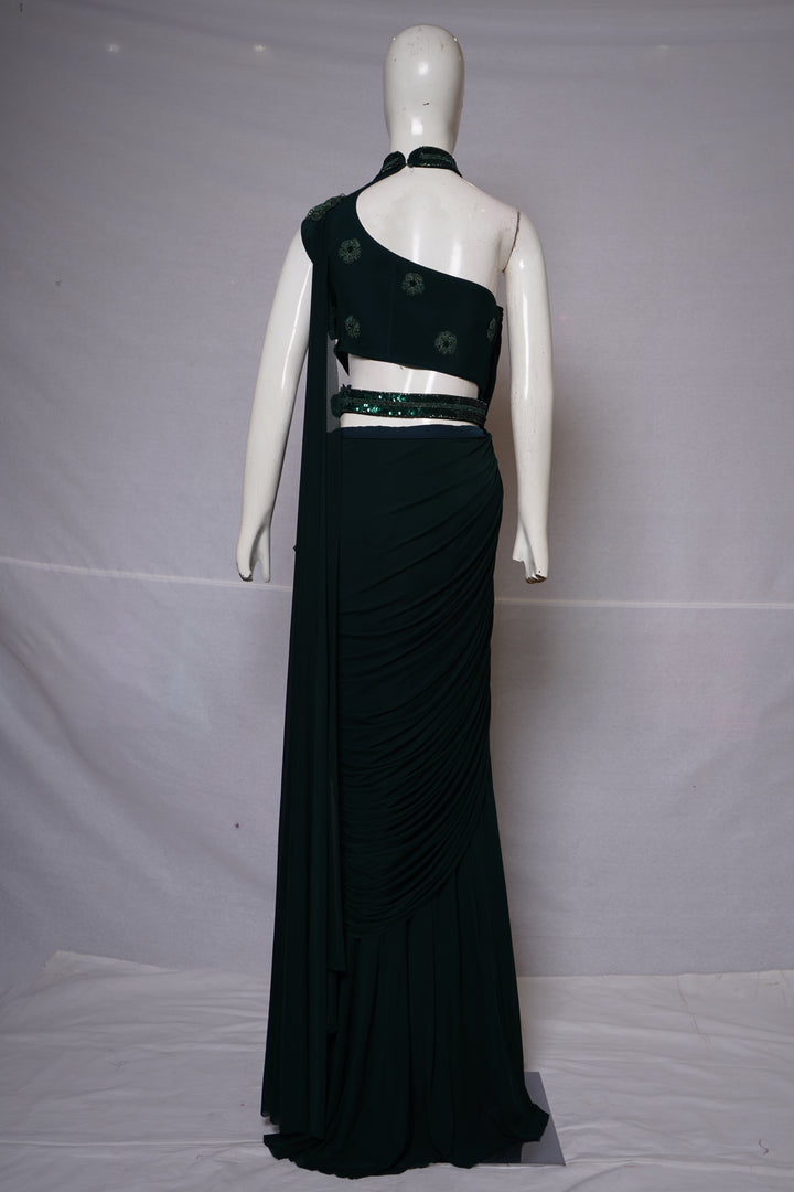 Emerald Green Ready-to-Wear Saree with Sequined Embellishments & Designer Neck Detail