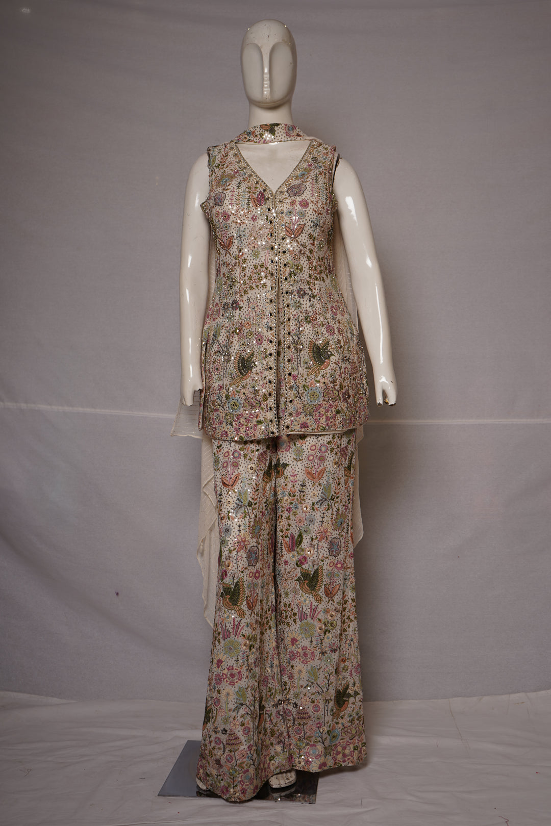 Ivory Floral Printed Indo-Western Co-Ord Set with Embroidered Waistcoat