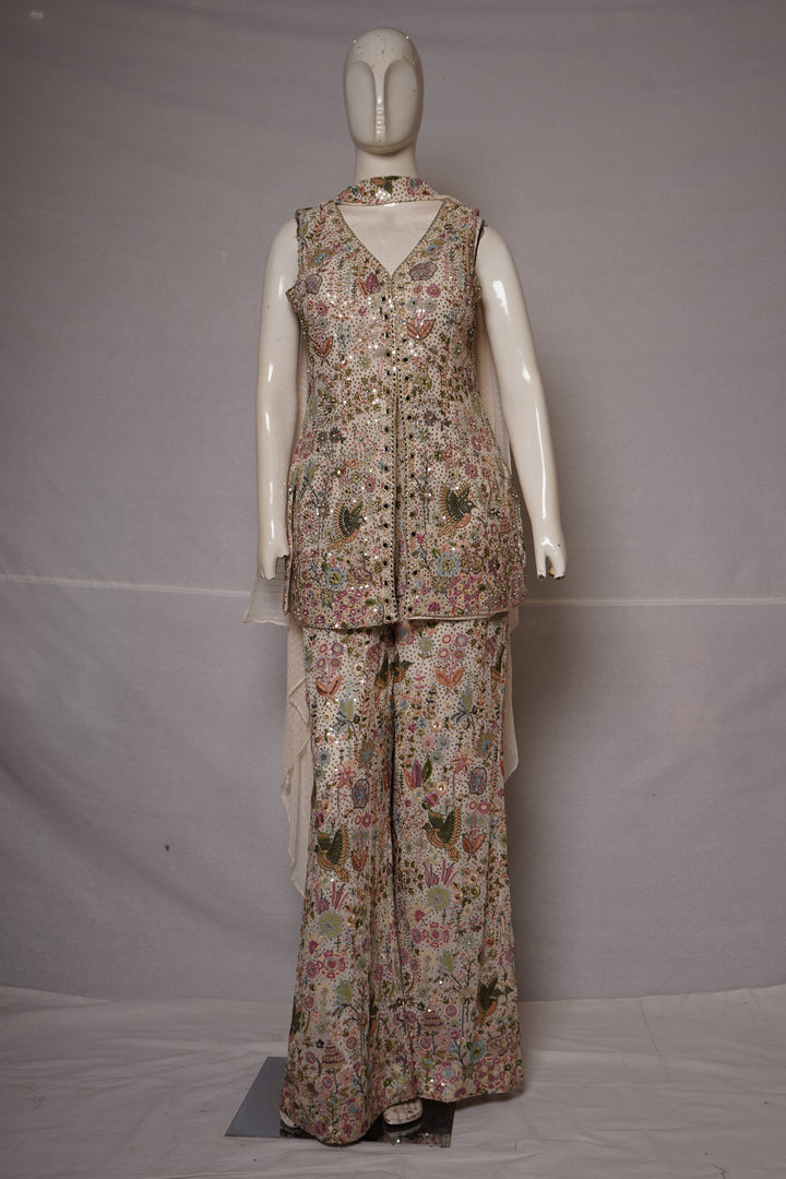 Ivory Floral Printed Indo-Western Co-Ord Set with Embroidered Waistcoat