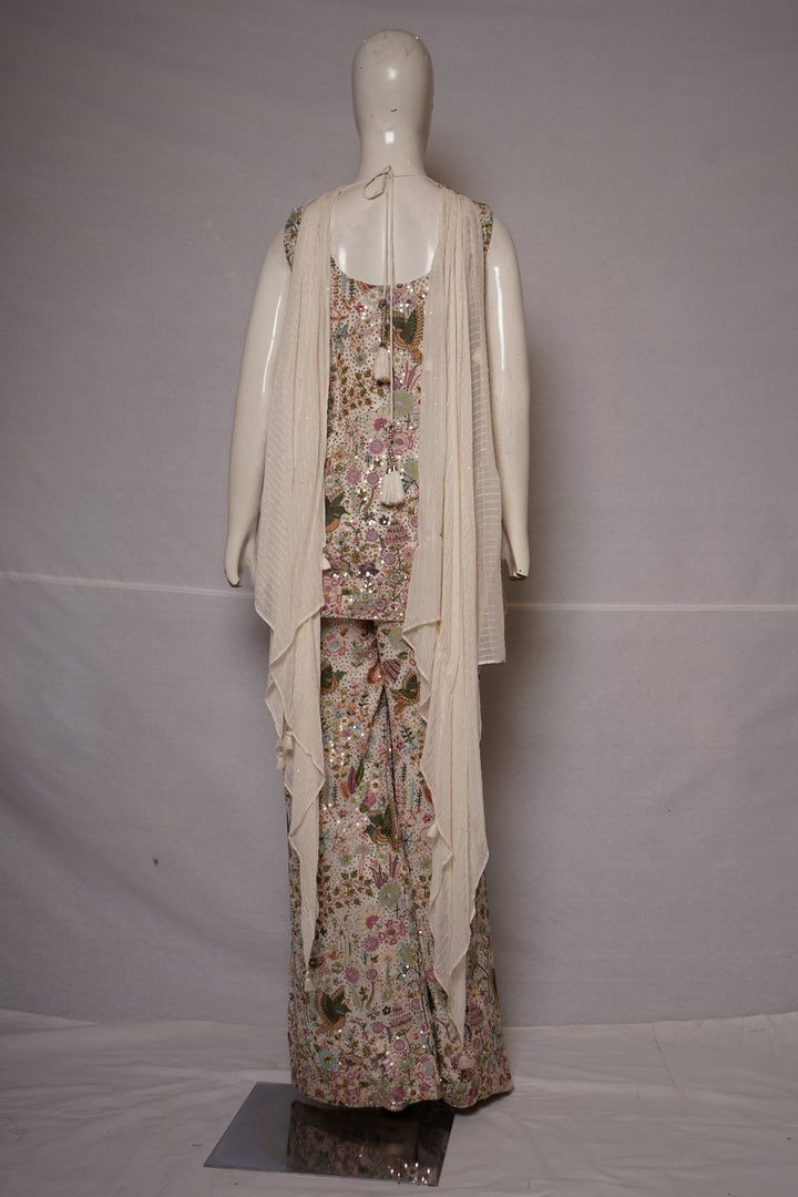 Ivory Floral Printed Indo-Western Co-Ord Set with Embroidered Waistcoat