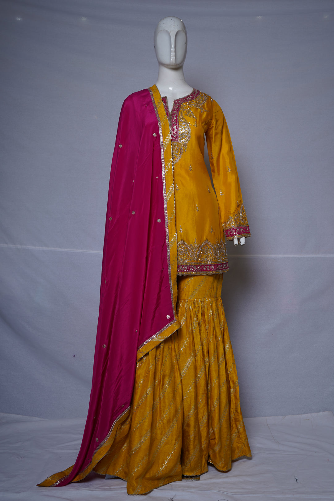 Mustard Yellow Embroidered Sharara Suit Set with Rani Pink Dupatta