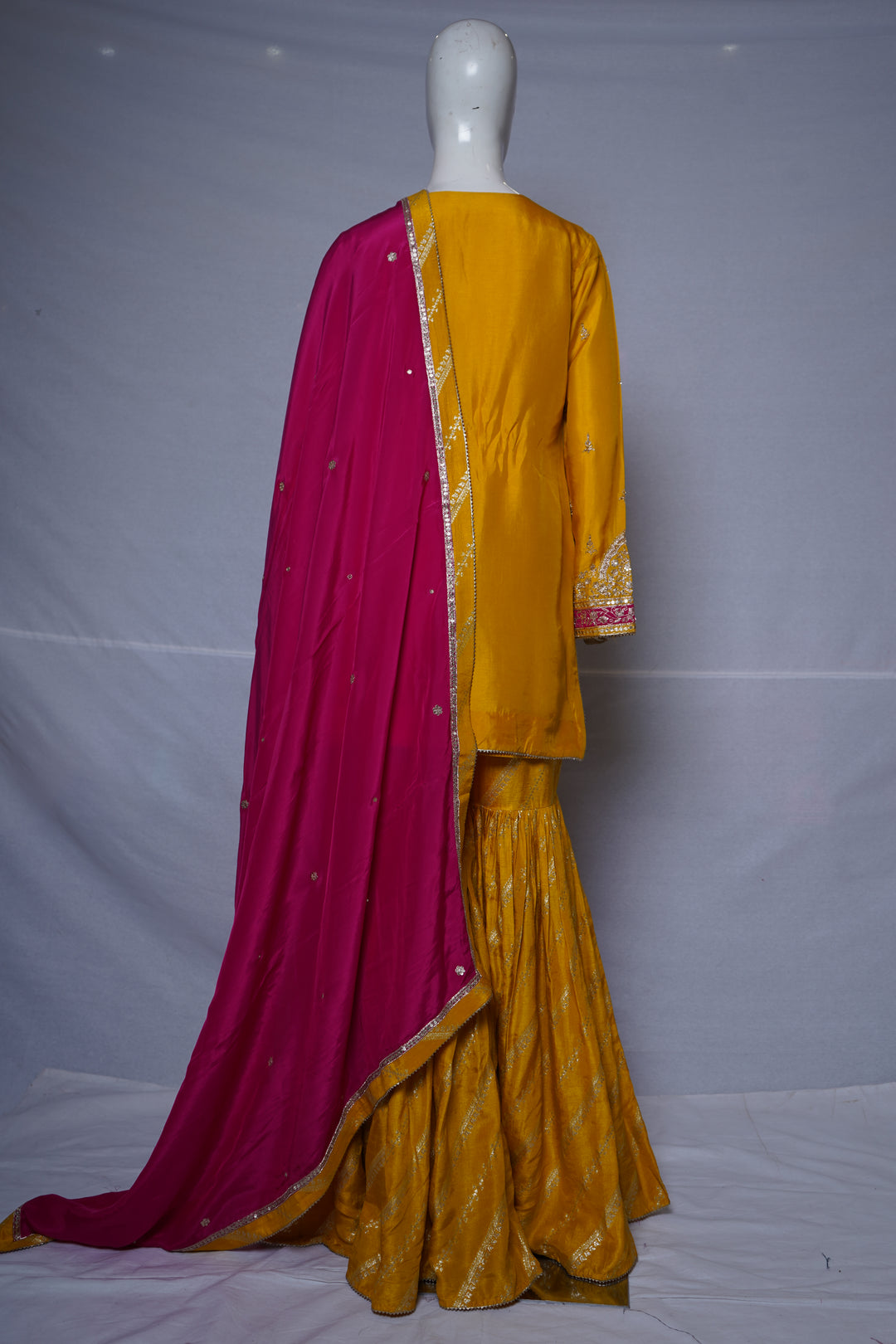 Mustard Yellow Embroidered Sharara Suit Set with Rani Pink Dupatta