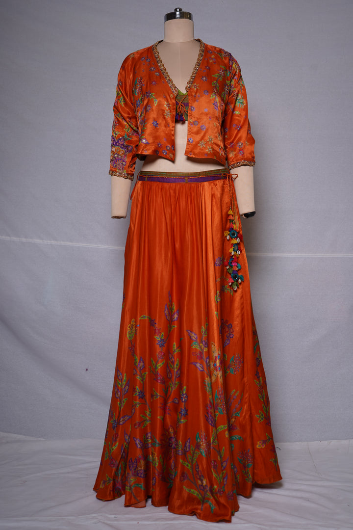 Vibrant Orange Floral Printed Indo-Western Skirt Set with Embroidered Jacket