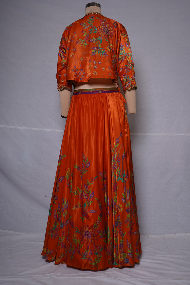 Vibrant Orange Floral Printed Indo-Western Skirt Set with Embroidered Jacket