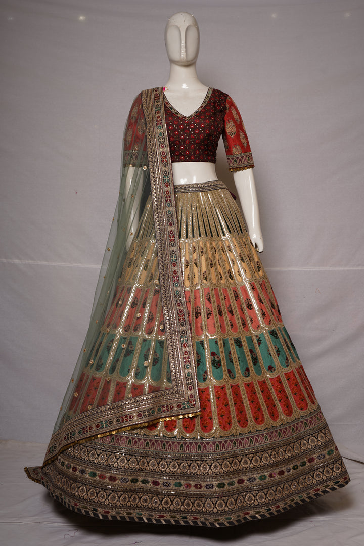 Multicolour Embroidered Bridal Lehenga Set with Net Dupatta