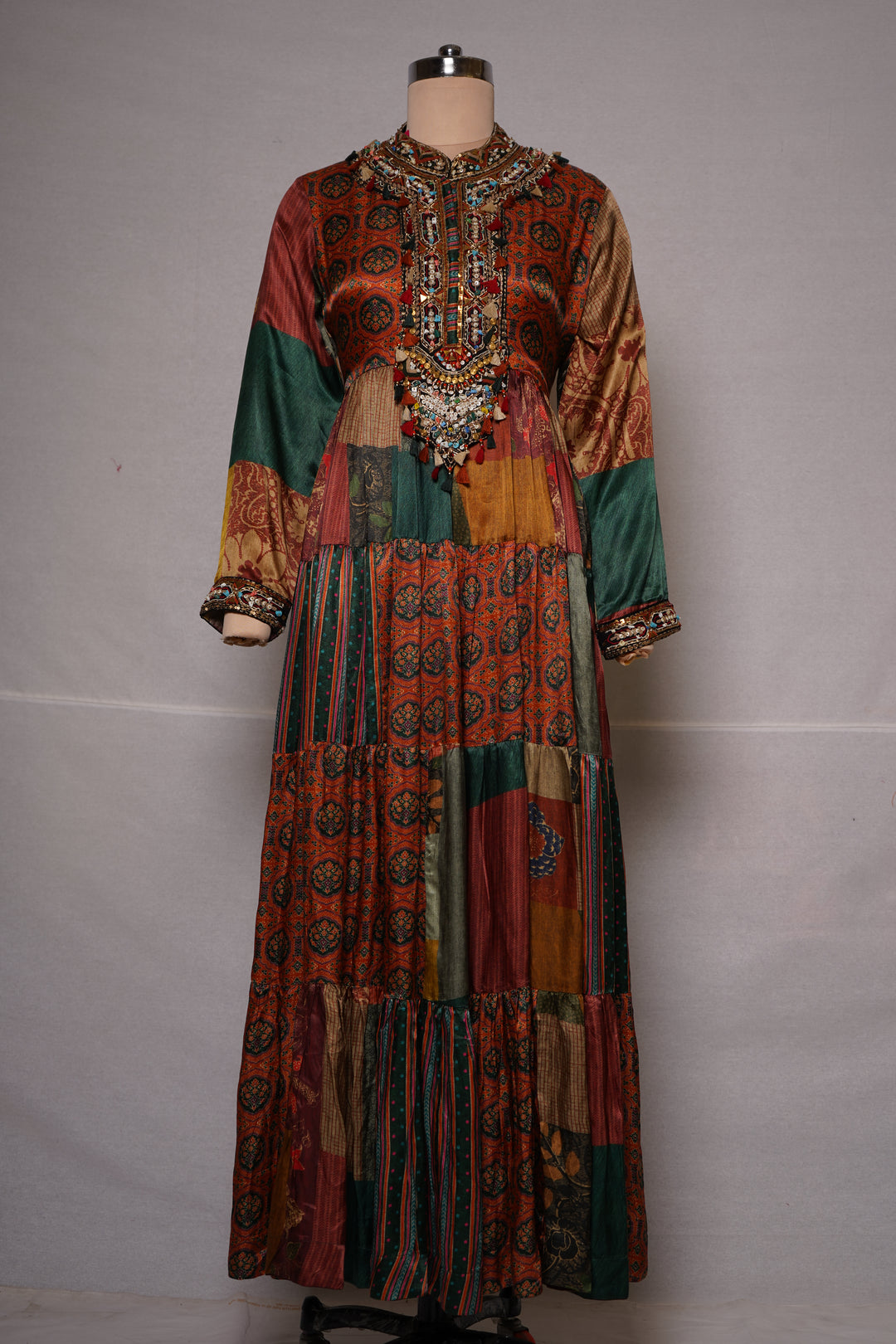 Multicolour Patchwork Printed Tiered Maxi Dress with Statement Embellished Neckline
