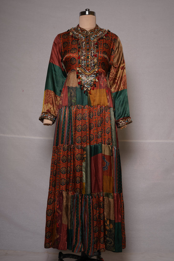 Multicolour Patchwork Printed Tiered Maxi Dress with Statement Embellished Neckline
