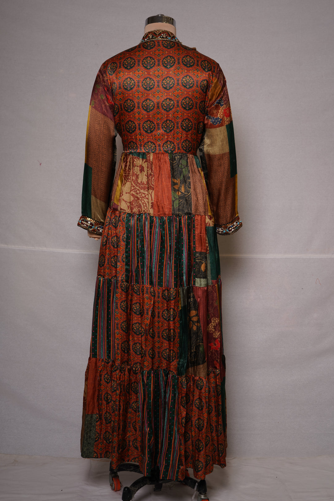 Multicolour Patchwork Printed Tiered Maxi Dress with Statement Embellished Neckline