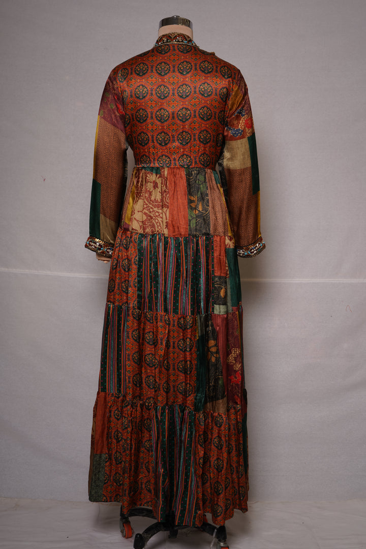 Multicolour Patchwork Printed Tiered Maxi Dress with Statement Embellished Neckline