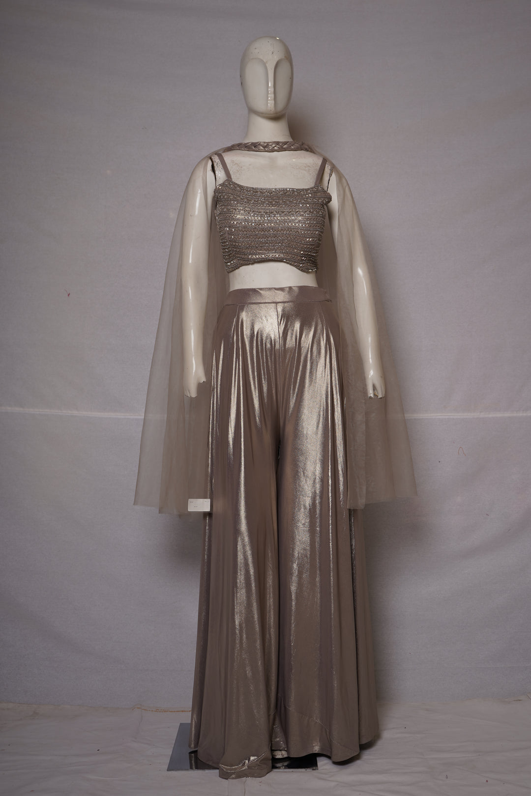 Champagne Beige Embellished Co-Ord Set with Cape Sleeves