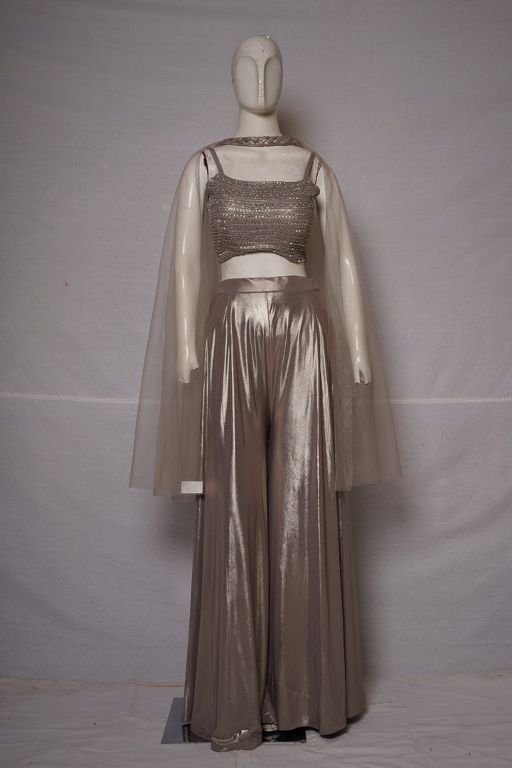 Champagne Beige Embellished Co-Ord Set with Cape Sleeves