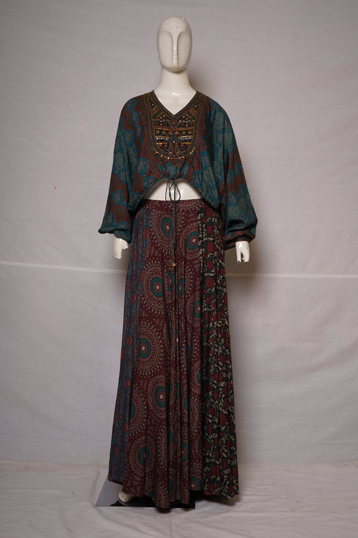 Bohemian Printed Co-Ord Set with Embellished Crop Top & Maxi Skirt