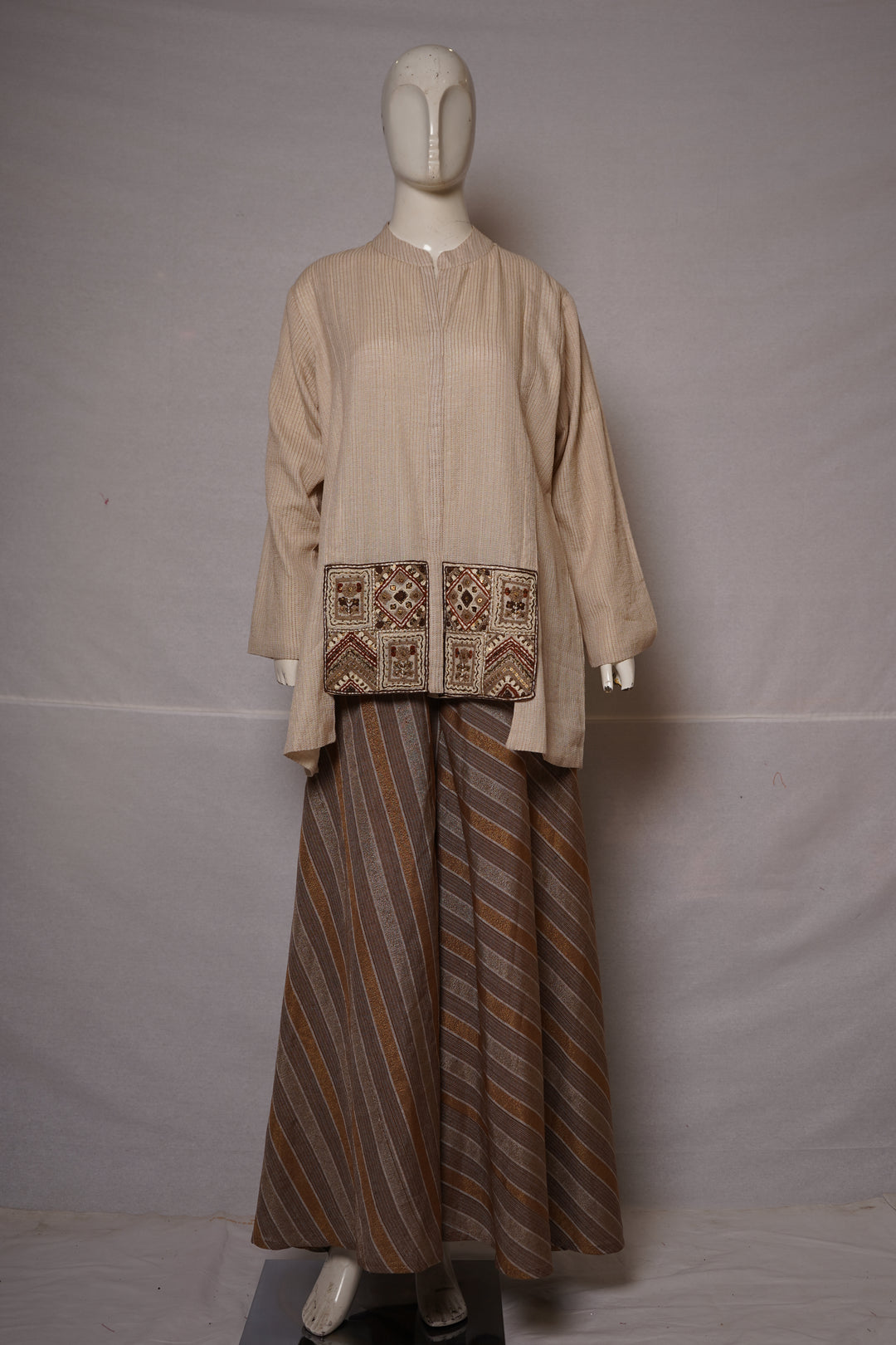 Beige Embroidered Tunic with Striped Palazzo Set