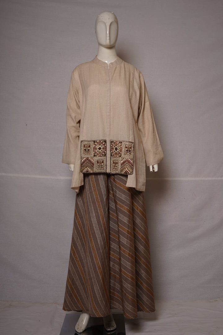 Beige Embroidered Tunic with Striped Palazzo Set