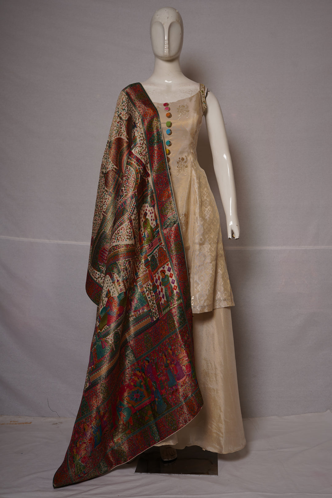 Ivory Silk Kurta Palazzo Set with Heritage Printed Dupatta