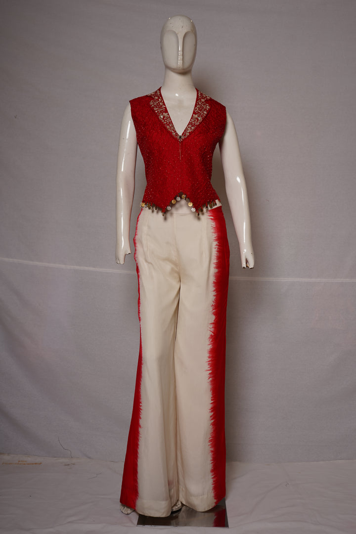 Red Embellished Waistcoat Top with Ivory Wide-Leg Palazzo Co-Ord Set