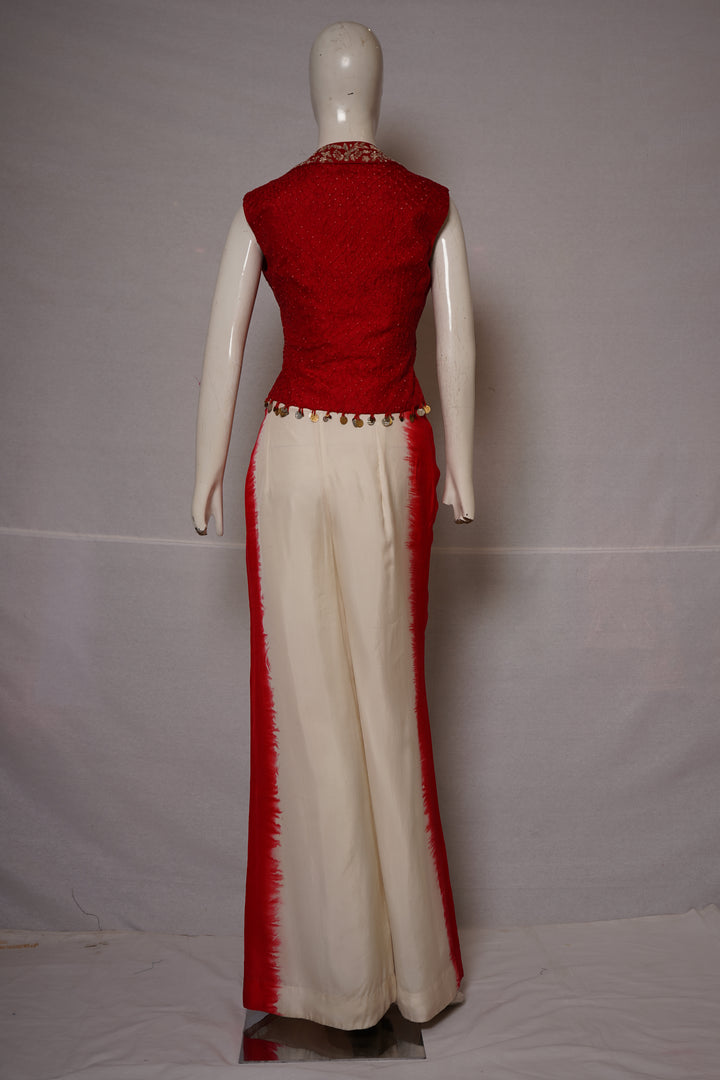 Red Embellished Waistcoat Top with Ivory Wide-Leg Palazzo Co-Ord Set