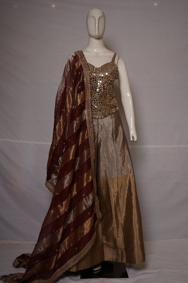 Champagne Gold Embellished Corset Top with Silk Palazzo & Striped Organza Dupatta