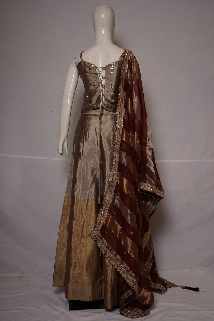 Champagne Gold Embellished Corset Top with Silk Palazzo & Striped Organza Dupatta
