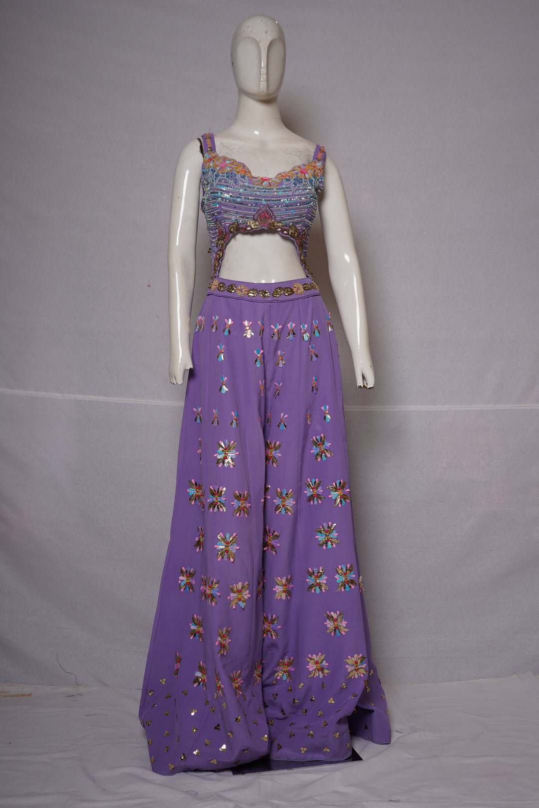 Lavender Embellished Cut-Out Blouse with Floral Palazzo Pants