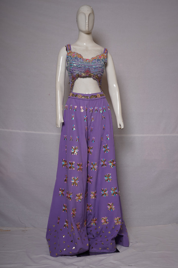 Lavender Embellished Cut-Out Blouse with Floral Palazzo Pants