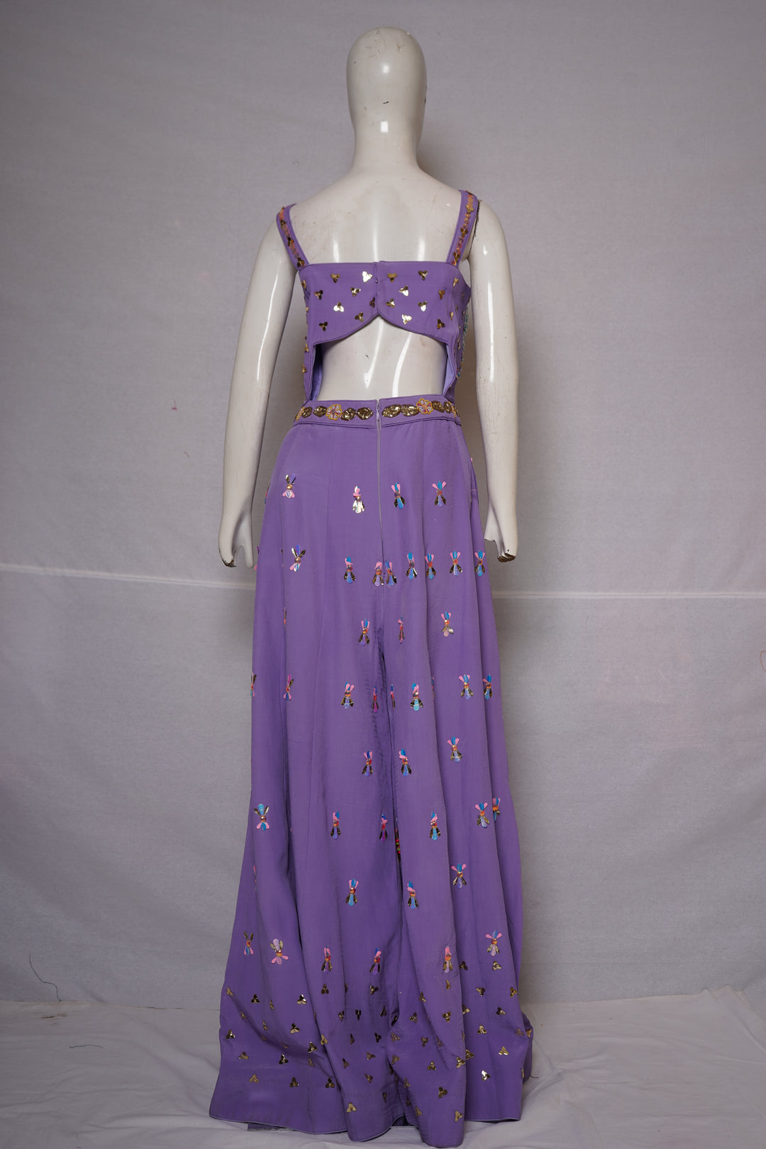 Lavender Embellished Cut-Out Blouse with Floral Palazzo Pants