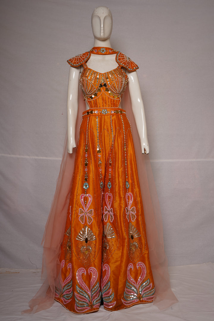 Sunset Orange Embellished Indo-Western Gown with Cape Dupatta